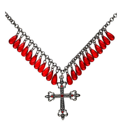Red Gothic Cross Necklace With Drops Of Jupiter