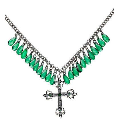 Green Gothic Cross Necklace With Drops Of Jupiter