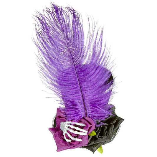 Mini Top Hat With Skeleton Hand, 2 Roses & Feathers