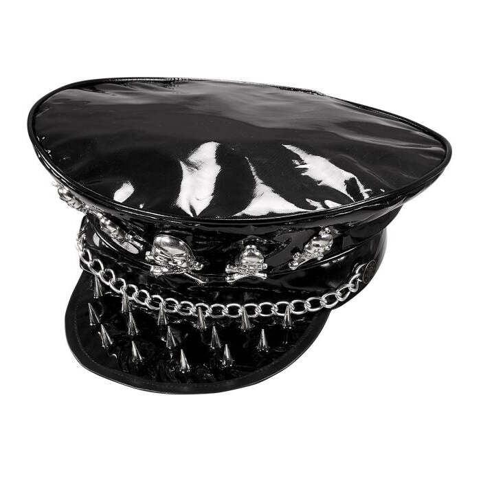 Vinyl Studded Rocker Hat With Skulls & Chain