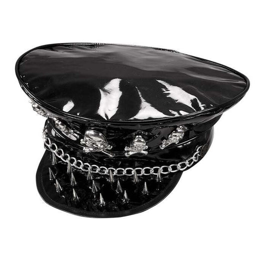 Vinyl Studded Rocker Hat With Skulls & Chain