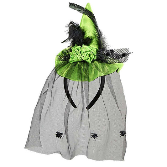Green Mini Witch Hat With Roses, Feathers & Spider Tulle