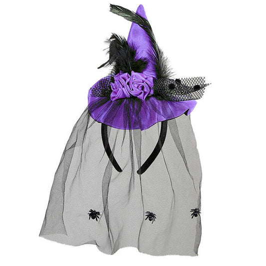 Purple Mini Witch Hat With Roses, Feathers & Spider Tulle