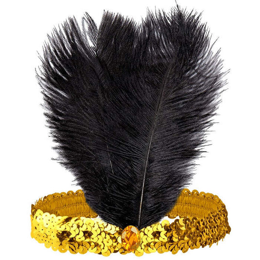 Headband The Roaring 20S Sequin With 2 Feathers & Gem Gold