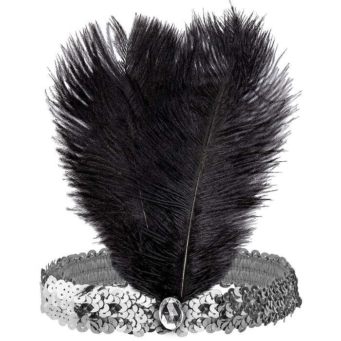 Headband The Roaring 20S Sequin With 2 Feathers & Gem Silver