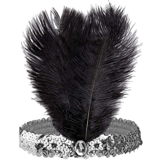 Headband The Roaring 20S Sequin With 2 Feathers & Gem Silver