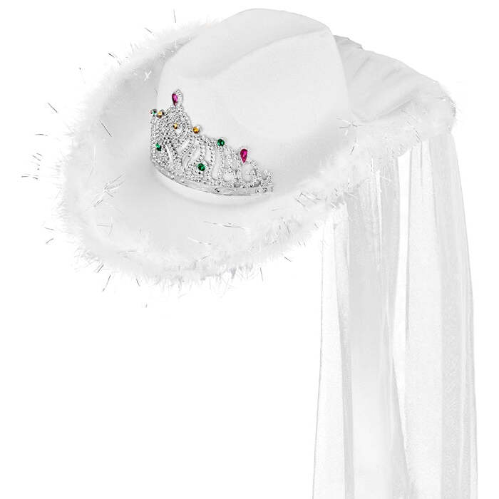 Hat Bachelorette Party Bride With Tiara, Marabou & Veil