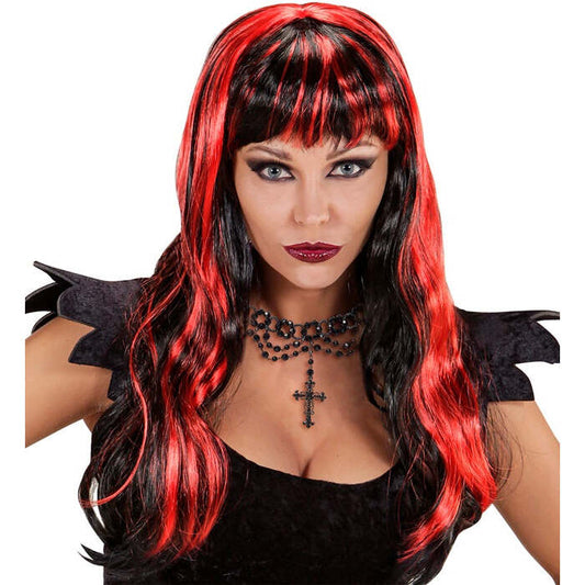 Red Streaked Black Halloween Wig In Polybag
