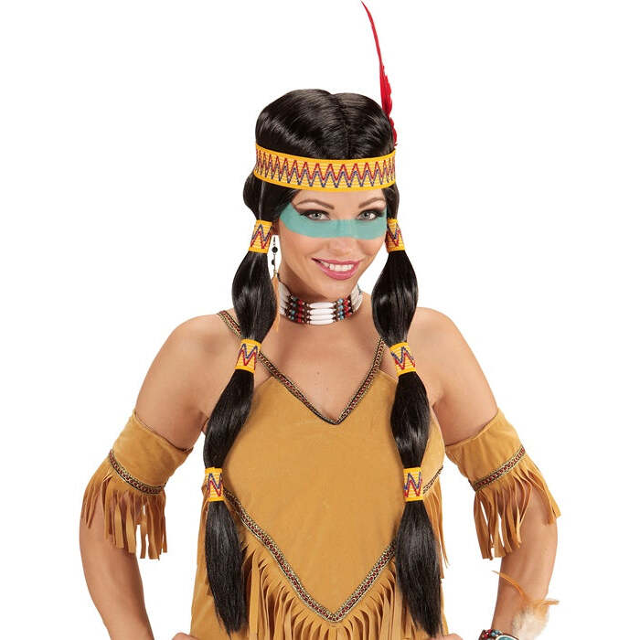 Squaw Indian Wig With Headband & Feather In Box