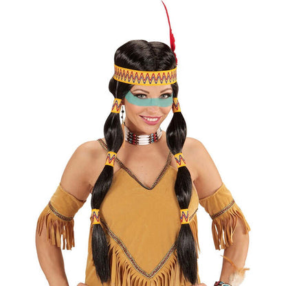 Squaw Indian Wig With Headband & Feather In Box