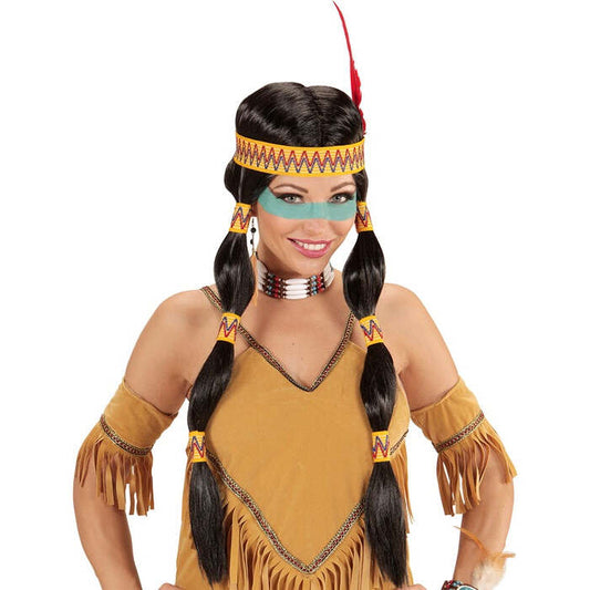 Squaw Indian Wig With Headband & Feather In Box