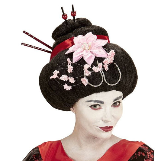 Geisha Wig With Flowers & Chopsticks In Box