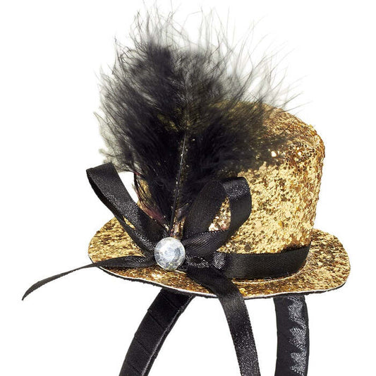 Mini  Top Hat With Feathers And Gemstone - Gold