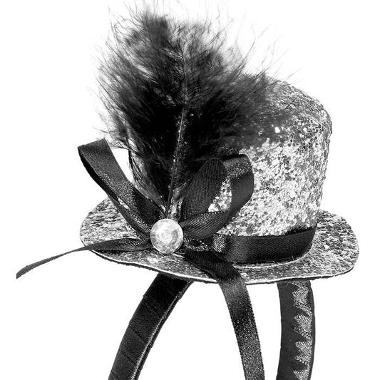 Mini  Top Hat With Feathers And Gemstone - Silver
