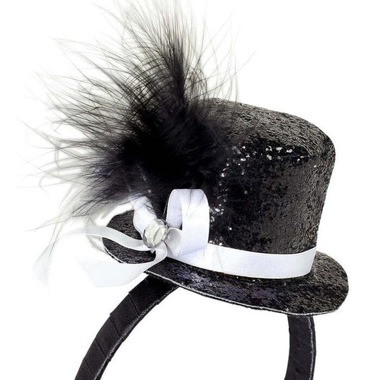 Mini  Top Hat With Feathers And Gemstone - Black