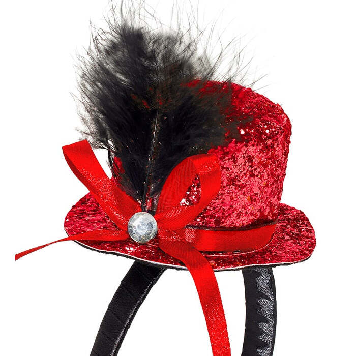Mini  Top Hat With Feathers And Gemstone - Red
