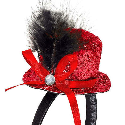 Mini  Top Hat With Feathers And Gemstone - Red