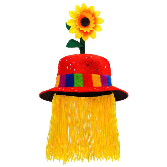 Velvet Red Clown Hat With Hair And Sunflower
