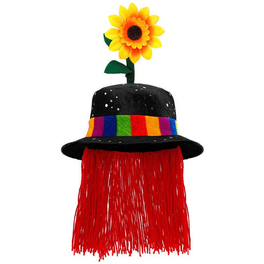 Velvet Black Clown Hat With Hair And Sunflower