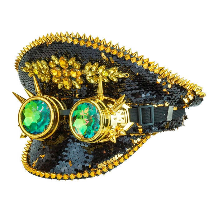 Hat Festival Spiked With Jewels & Spiked Kaleidoscopic Goggles Reversible Sequin Black/Gold 