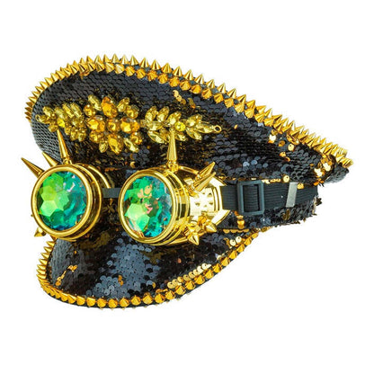 Hat Festival Spiked With Jewels & Spiked Kaleidoscopic Goggles Reversible Sequin Black/Gold 