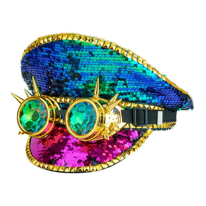 Hat Festival Studded With Spiked Kaleidoscopic Goggles Sequin Multicolor 