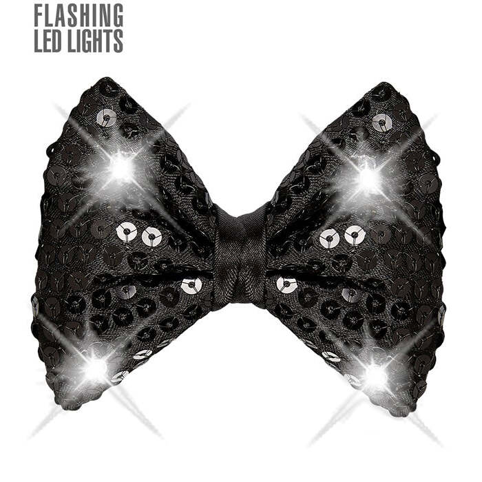 Adjustable Black Sequin Bow Tie With 4 Flashing Led Lights 