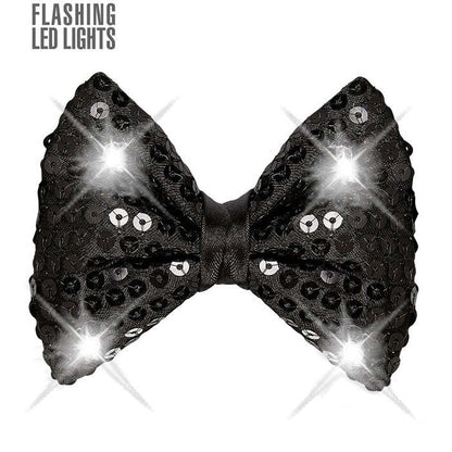 Adjustable Black Sequin Bow Tie With 4 Flashing Led Lights 