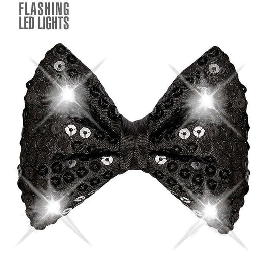 Adjustable Black Sequin Bow Tie With 4 Flashing Led Lights 