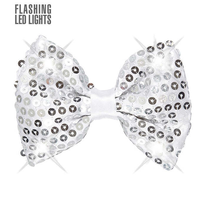 Adjustable Silver Sequin Bow Tie With 4 Flashing Led Lights 