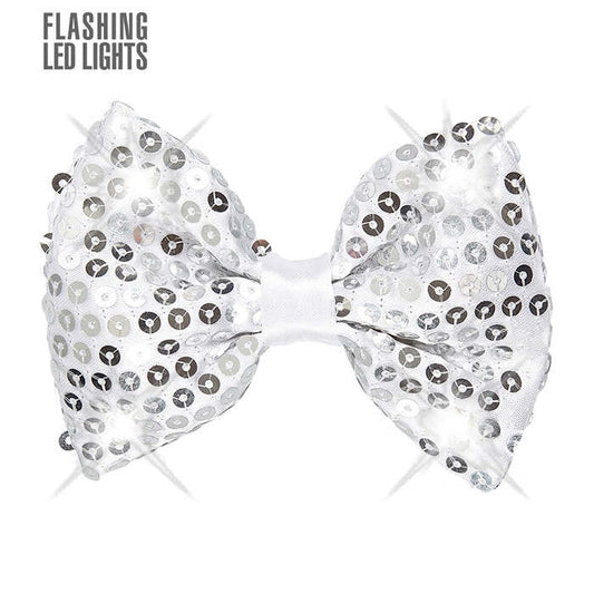 Adjustable Silver Sequin Bow Tie With 4 Flashing Led Lights 