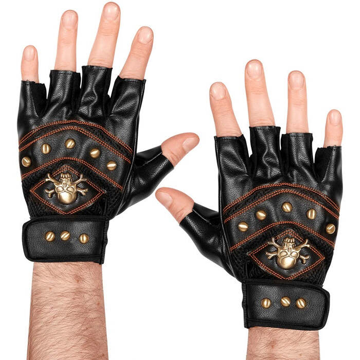 Leather Look Studded Fingerless Skull & Cross Bones Gloves