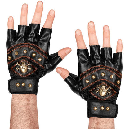 Leather Look Studded Fingerless Skull & Cross Bones Gloves
