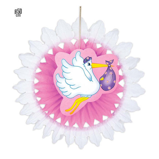 Pink Stork With Baby Paper Fan 50 Cm
