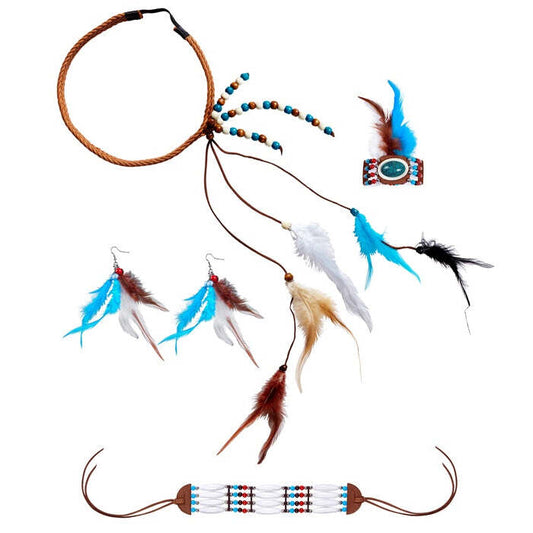 Indian  Headband With Feathers, Earrings, Choker, Bracelet 
