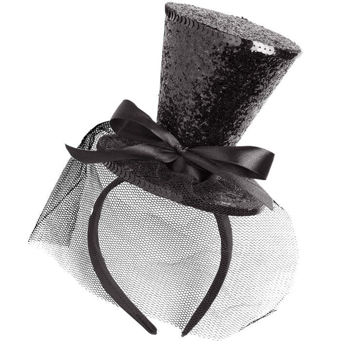Black  Mini Top Hat On Headband With Bow & Veil