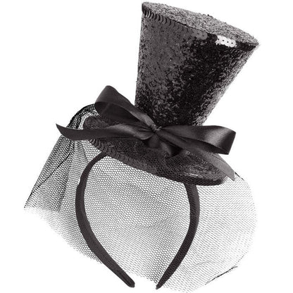 Black  Mini Top Hat On Headband With Bow & Veil