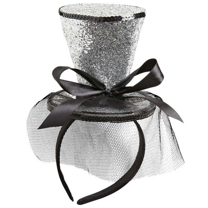Silver  Mini Top Hat On Headband With Bow & Veil