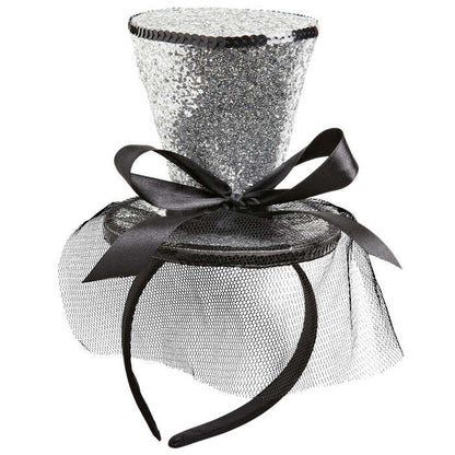 Silver  Mini Top Hat On Headband With Bow & Veil