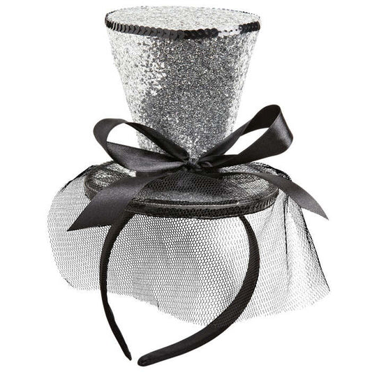 Silver  Mini Top Hat On Headband With Bow & Veil