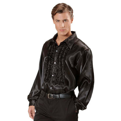 The 70S Disco Fashion  Black Satin Ruffle Shirt 