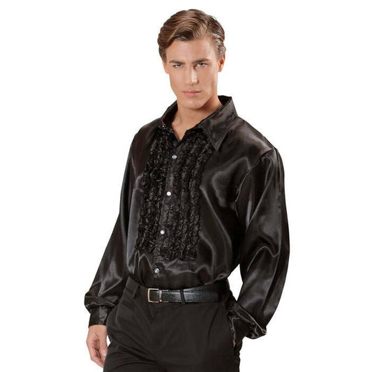 The 70S Disco Fashion  Black Satin Ruffle Shirt 