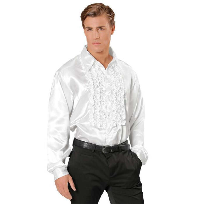 The 70S Disco Fashion  White Satin Ruffle Shirt 