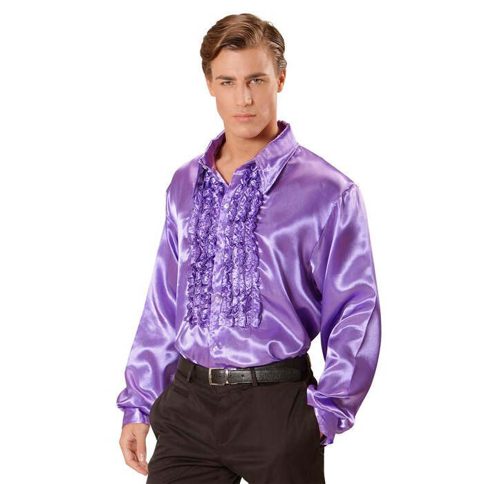 The 70S Disco Fashion  Purple Satin Ruffle Shirt 