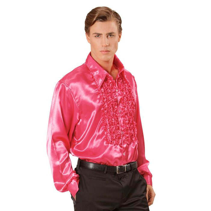 The 70S Disco Fashion  Pink Satin Ruffle Shirt 