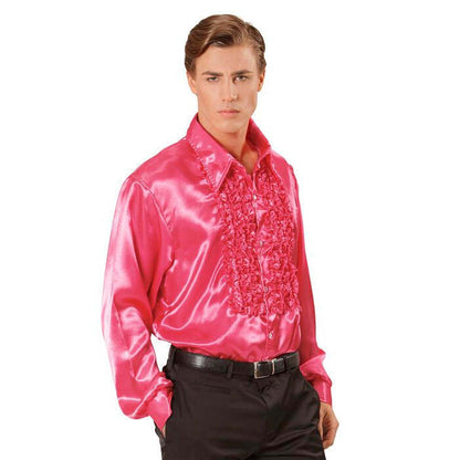 The 70S Disco Fashion  Pink Satin Ruffle Shirt 