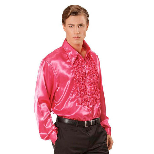The 70S Disco Fashion  Pink Satin Ruffle Shirt 