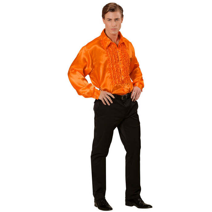 The 70S Disco Fashion  Orange Satin Ruffle Shirt 