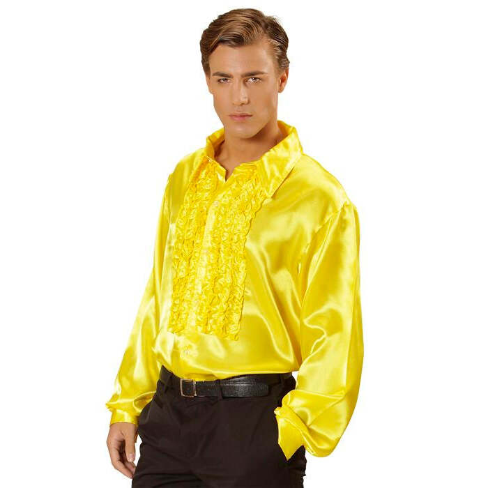 The 70S Disco Fashion  Yellow Satin Ruffle Shirt 