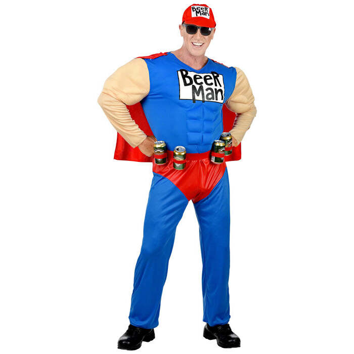 Super Beer Man  Muscle Overalls With Cape, Can Holster Belt, Cap 